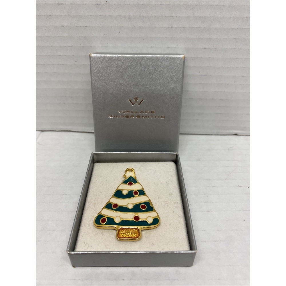 Wallace Silversmiths Christmas Tree Ornament Pendant Gold Tone Enamel in box 2"